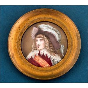 Antique Enamelled Miniature On Copper With Musketeer Figure, 19th Century