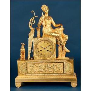 Antique Gilded Bronze Mantel Clock. Diana The Huntress. France Ca 1850