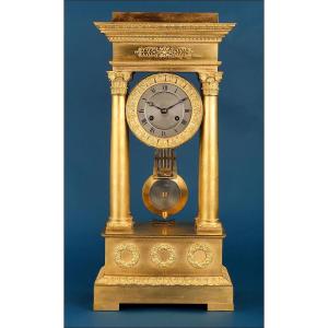 Large Antique Gilt Bronze Portico Clock. 23 In. France, 19th Century