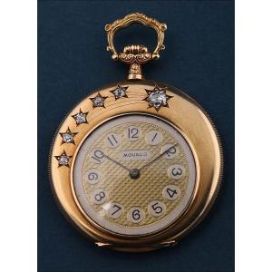 Antique Ultra-thin Movado Pocket Watch. 18k Gold And Diamonds. Switzerland, Circa 1930