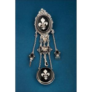 Antique French Leontine Or Chatelaine In Silver-plated Metal And Enamel. France, Circa 1840