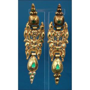 Antique Catalan Gold And Natural Emerald Earrings. 18th Century