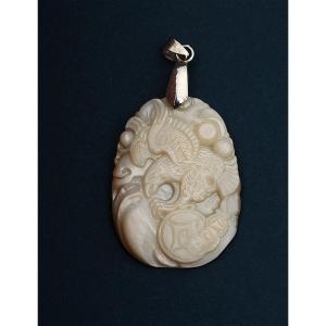 Japanese Mother Of Pearl Amulet With Hawk And Shippō Symbol, Circa 1970