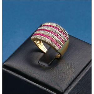 Vintage 18k Gold Ring With 33 Natural Rubies And 48 Authentic Diamonds