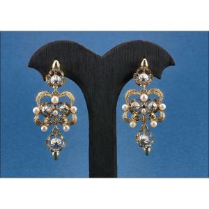 Vintage Earrings In 18k Gold With Natural Diamonds And Pearls, C. 1950