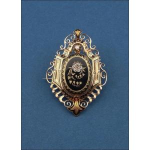 Antique 18k Gold Brooch With Diamond Flower And Pearl C. 1870