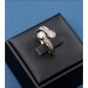Vintage 18k Gold Toi Et Moi Ring With Double Central Zirconia And Pavé Side Zirconias