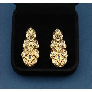 Vintage 18k Gold Articulated Earrings With Zircons And Jet Stones, 1980s