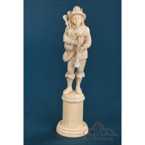 Antique Central European Ivory Bagpiper. With Certificate. Late 19th Century
