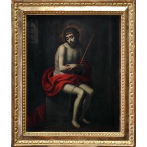 Antique Oil On Panel. Christ Crowned, Spain, Sevillian School 1650–1680