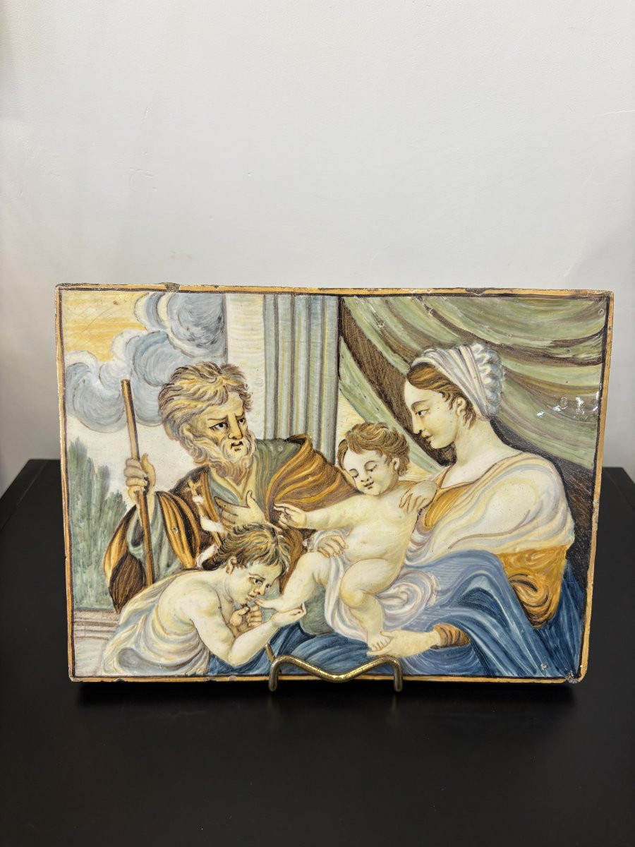 Mattonella in maiolica Castelli D’Abruzzo XVIII secolo raffigurante “ La Sacra Famiglia” -photo-2
