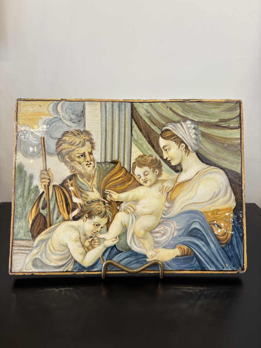 Mattonella in maiolica Castelli D’Abruzzo XVIII secolo raffigurante “ La Sacra Famiglia” 