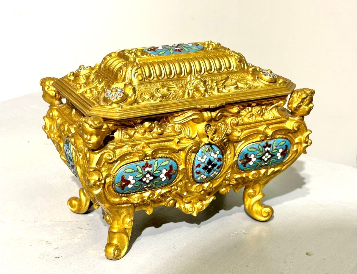 Portagioie in bronzo dorato e smalti