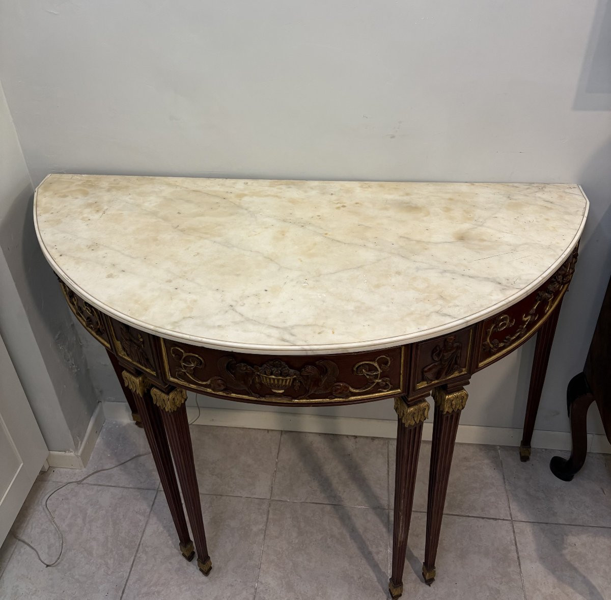 Consolle a demilune a sei piedi in legno laccato e dorato-photo-2