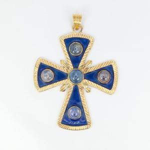 Vintage Pectoral Cross Pendant In Gold, Enamel And Sapphires