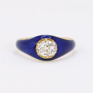 Yellow Gold Solitaire Ring With Blue Enamel Diamond