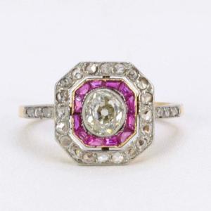 Art Deco Ring In Gold, Diamonds And Calibrated Rubies