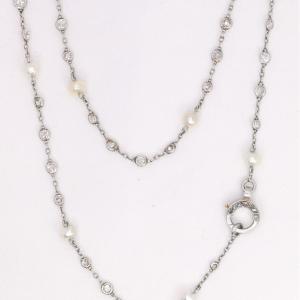 Belle Epoque Platinum Gold Necklace With Fine Pearls And 16-carat Diamonds