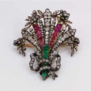 Antique Brooch Gold Diamonds Colombian Emeralds Burmese Rubies