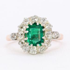 Antique Cluster Ring With Pink Gold, Colombian Emerald And Diamonds