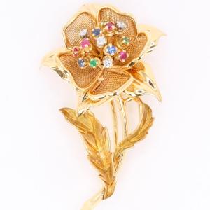 Vintage Flower Brooch With Diamonds, Rubies, Emeralds, Sapphires