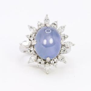 Ceylon Star Sapphire Cabochon Diamond Cluster Ring 12.34 Carats