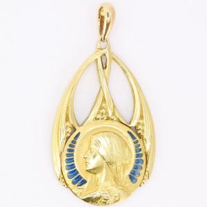 Art Nouveau Medal Virgin In Profile Yellow Gold Blue Plique-à-jour Enamel