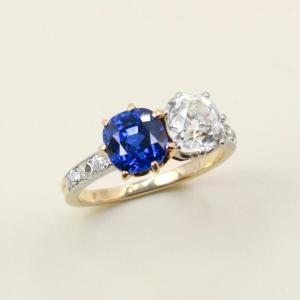 Antique Toi & Moi Cushion Sapphire And Old Mine Cut Diamond Ring