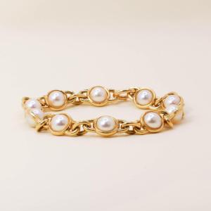 Vintage Yellow Gold Akoya Pearl Chain Bracelet