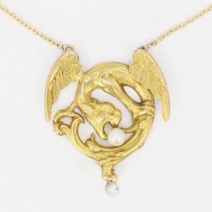 Art Nouveau Chimera Necklace In Yellow Gold With Pearls