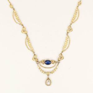 Art Nouveau Yellow Gold Sapphire Pearl Drapery Necklace
