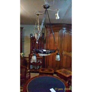 Art Deco Type Pendant Lamp, Tulips And Molded White Glass Basin