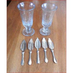 Two Large Glasses And Five Absinthe Spoons, Late 19th Century.
