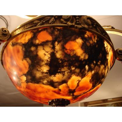 Alabaster And Bronze Chandelier