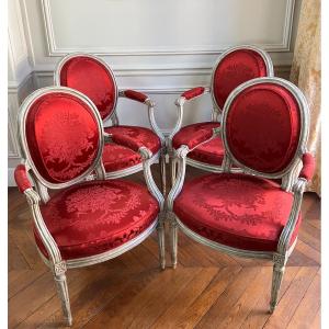 Suite Of 4 Louis XVI Cabriolet Armchairs With Medallion Backrest, Stamped By Nadal