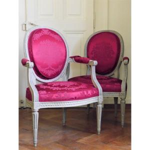 Pair Of Louis XVI Cabriolet Armchairs, Stamped Séné, 18th Century