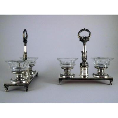 Pair Of Double Saltcellars In Silver, Restoration Period, 1819-1838