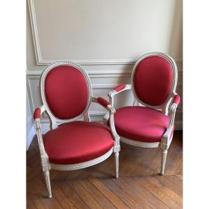 Pair Of Louis XVI Period Medallion Armchairs, 18th Century, Stamped Georges Jacob