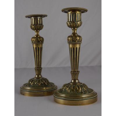 Pair Of Candlesticks In Gilt Bronze, Louis XVI Style, 19th Century