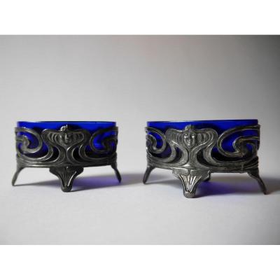 Pair Of Salt Cellars In Silver Plated Metal, Art Nouveau Period