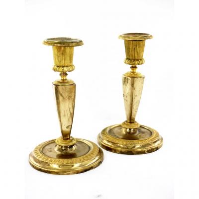 Pair Of Candlesticks In Gilt Bronze, Empire Period, Early 19th Century
