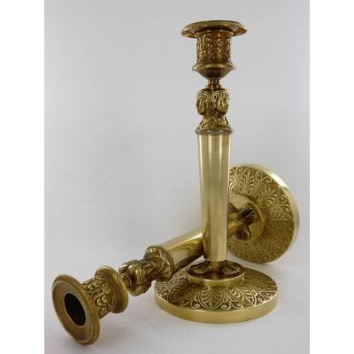 Pair Of Empire Candlesticks In Gilt Copper, 19th Century