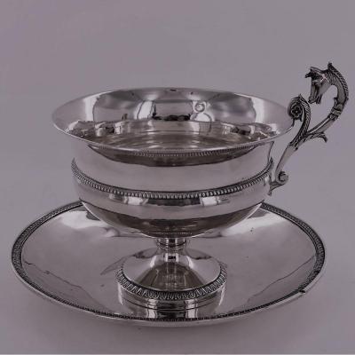 Chocolate Cup And Saucer, Sterling Silver, Empire Period, Early 19th Century
