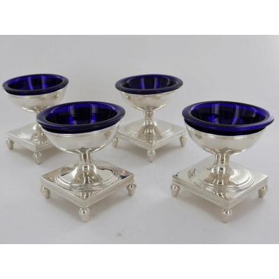 Suite Of 4 Salt Cellars In Sterling Silver And Crystal, Empire Period, Early 19th Century