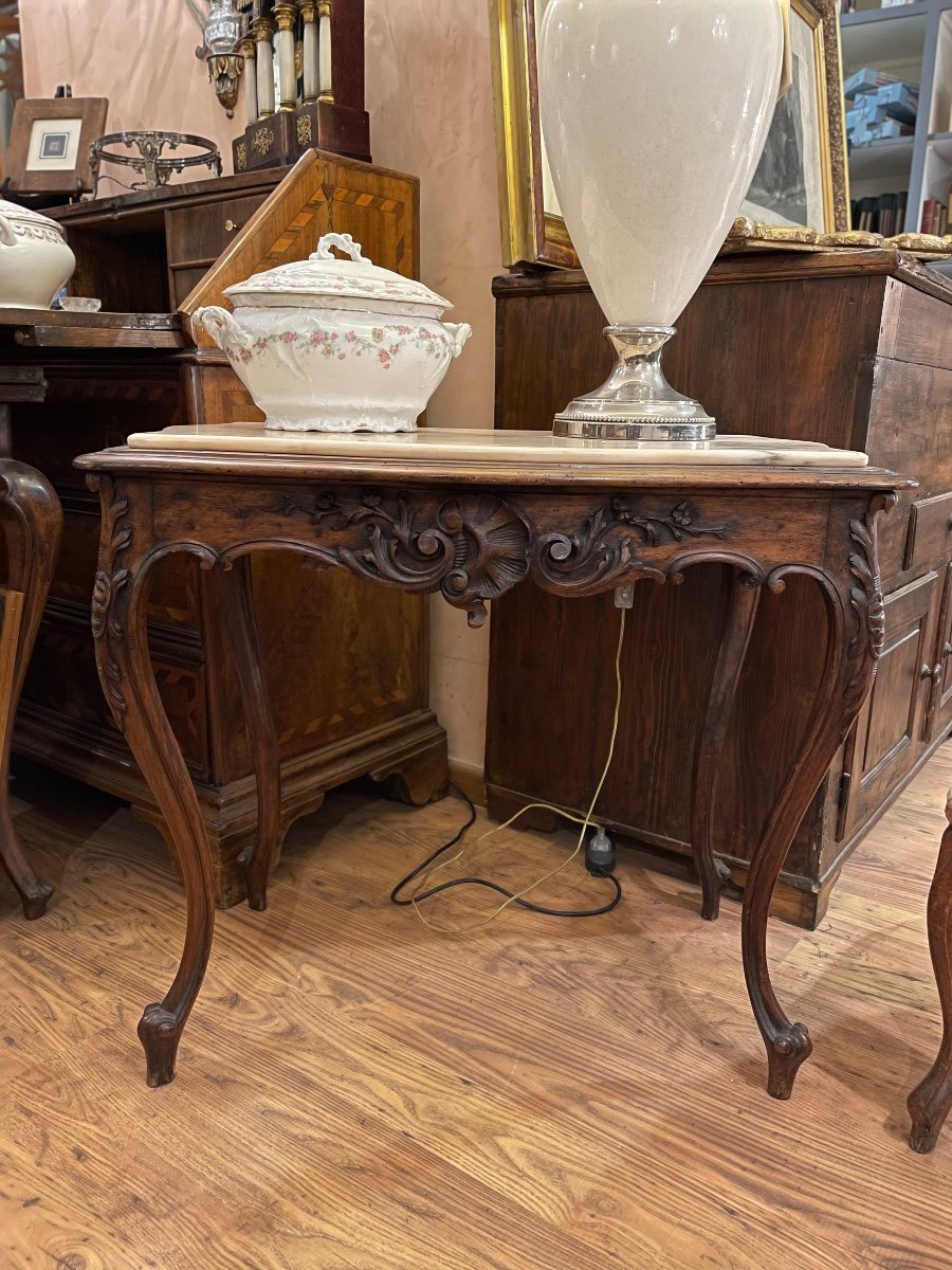 Tavolino Toscano fine ‘800, stile Luigi Filippo, in Legno di Noce e Piano in Marmo.-photo-3