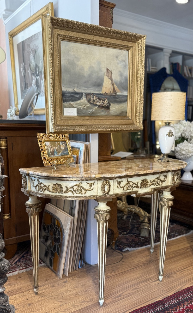 Consolle demilune con piano in pregiato marmo Giallo Siena, manifattura italiana del XIX secolo