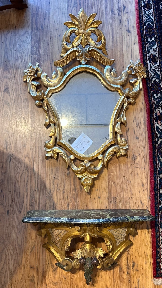 Consolle con piano marmorizzato specchiera foglia oro fine '800