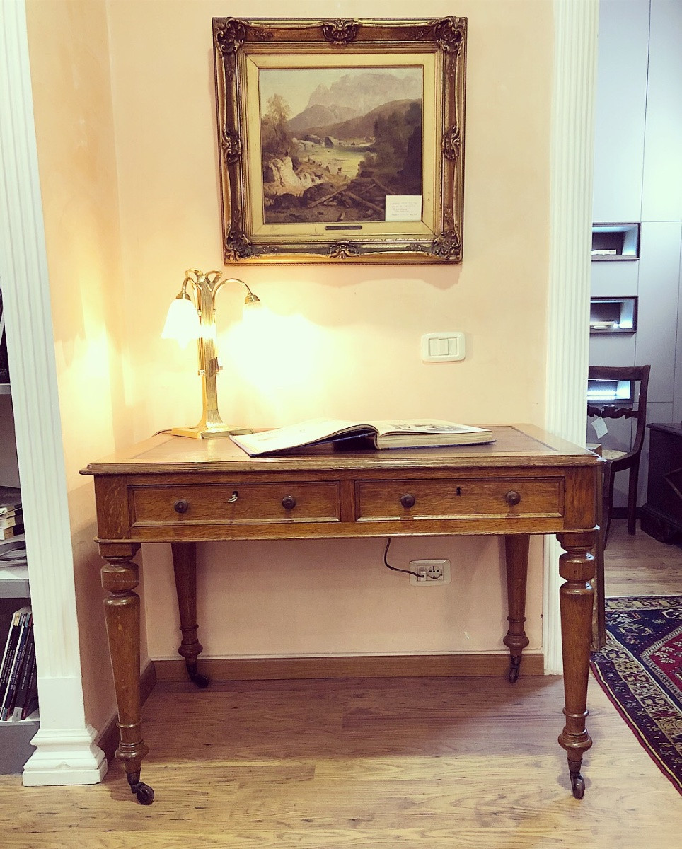 Scrittoio a due cassetti in Rovere con piano in pelle. Francia fine ‘800.-photo-3