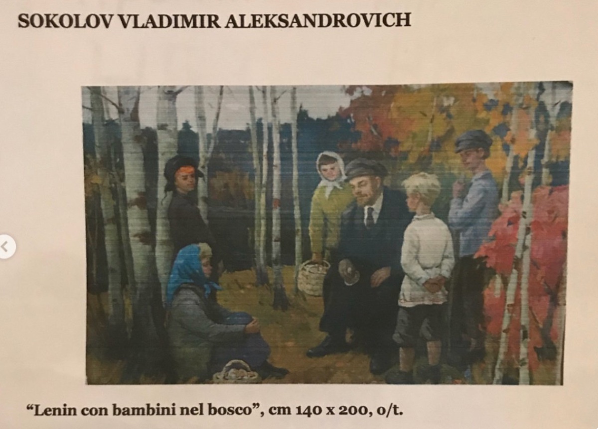 Olio su tela firmato raffigurante Lenin con bambini nel bosco. Pittore Sokolov Vladimi-photo-2