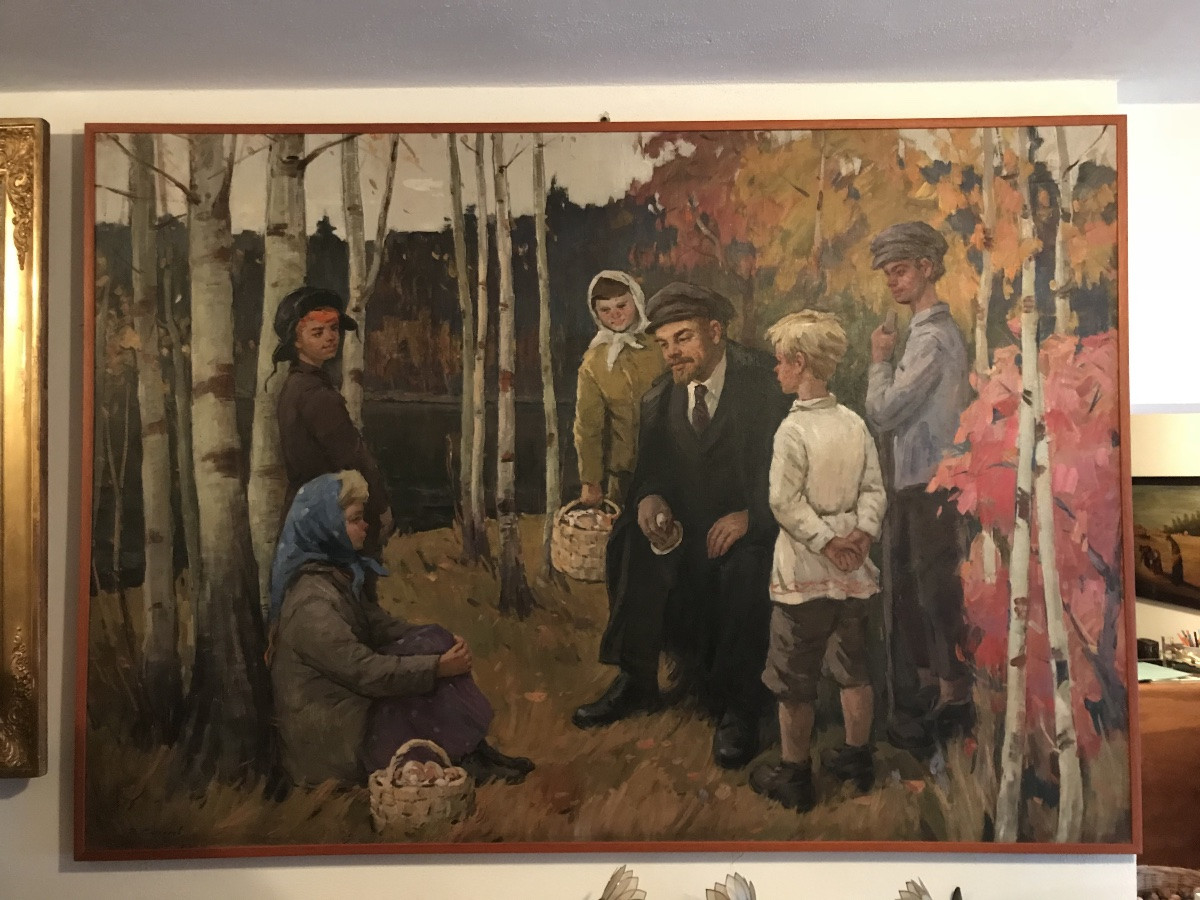 Olio su tela firmato raffigurante Lenin con bambini nel bosco. Pittore Sokolov Vladimi-photo-3